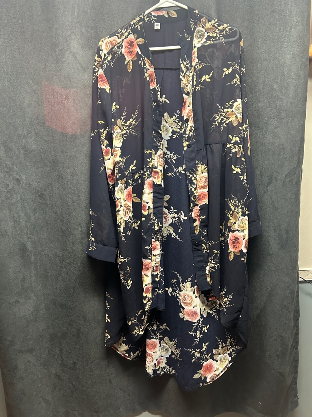Floral Print Long Kimono Jacket - Navy with Pink Roses